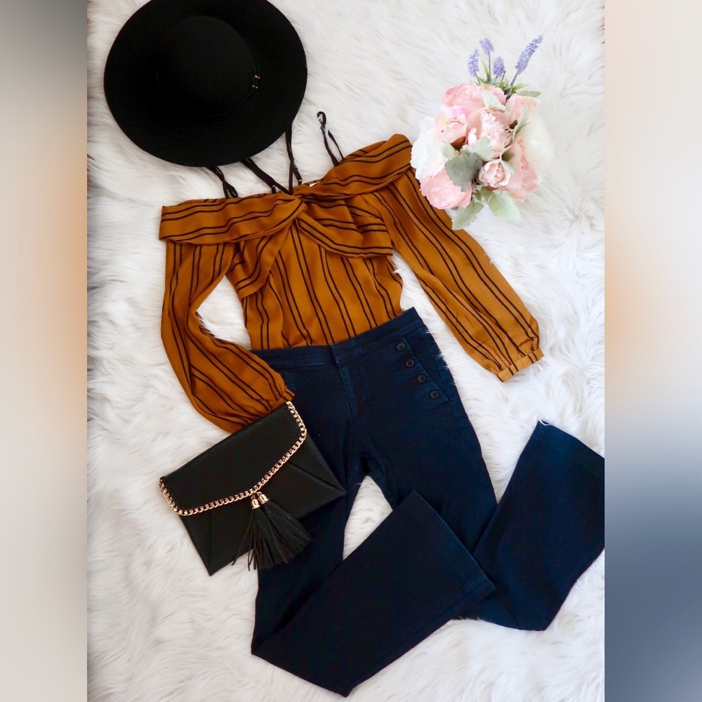 NANCY-Mustard with Black Stripes Off- Shoulder Top - Picture 4 of 5